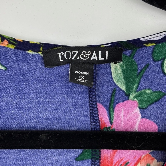 Roz & Ali Womens 1X Pullover Knit Dress Indigo Blue Multi Floral Elbow Sleeves - Picture 5 of 9